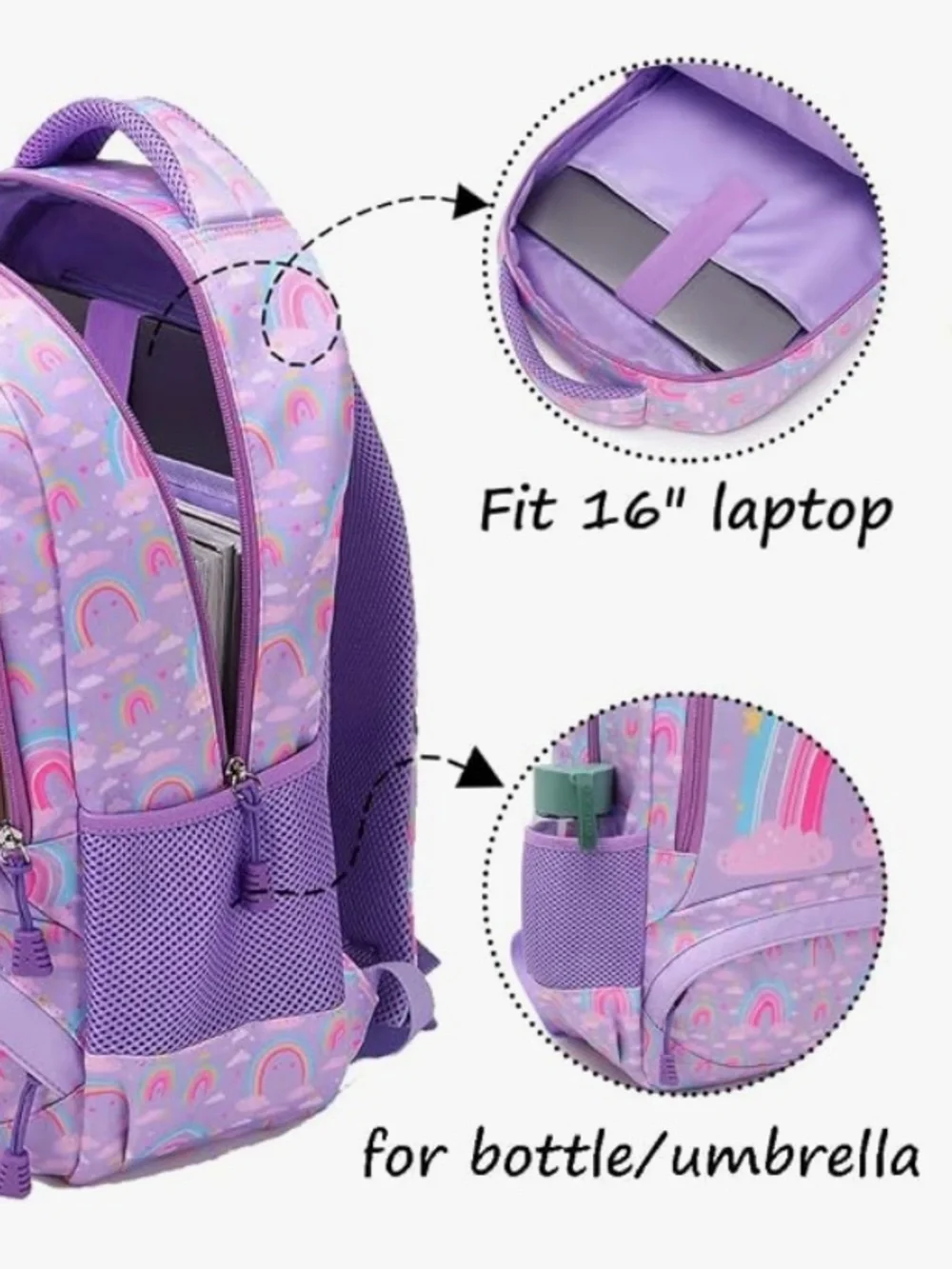 Purple Rainbow Backpack for Girls Unicorn Bookbag School Bag 3 Piece Set